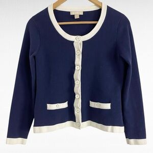 Banana Republic | Navy Blue White Contrast Trim Preppy Chic Cardigan Sweater